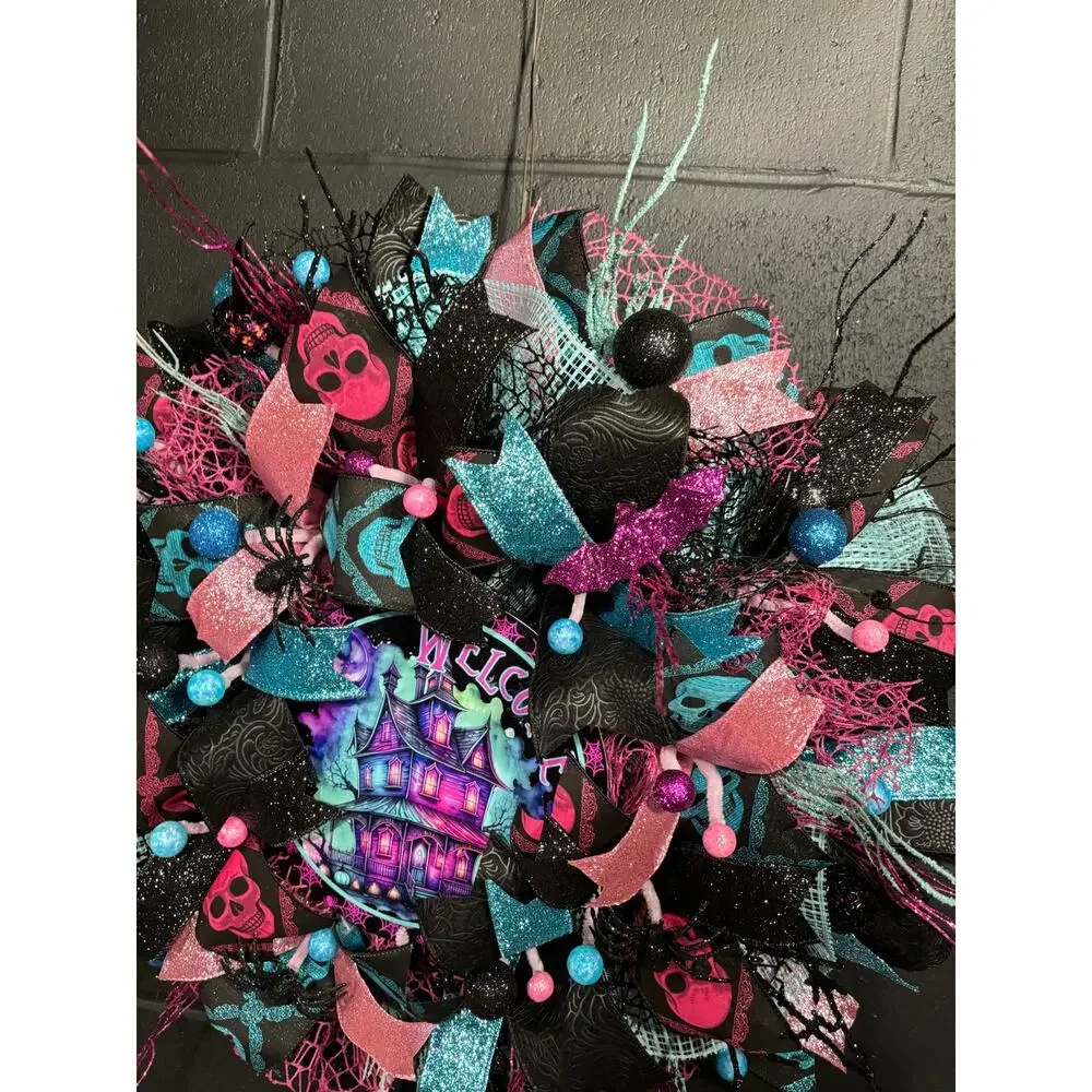 Halloween Wreath for Front Door Black and Pink Haunted House 30 inch